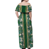 Hawaiian Art Flower Tribal with Lei Off Shoulder Maxi Dress Palaka Pattern Green Color - Polynesian Pride