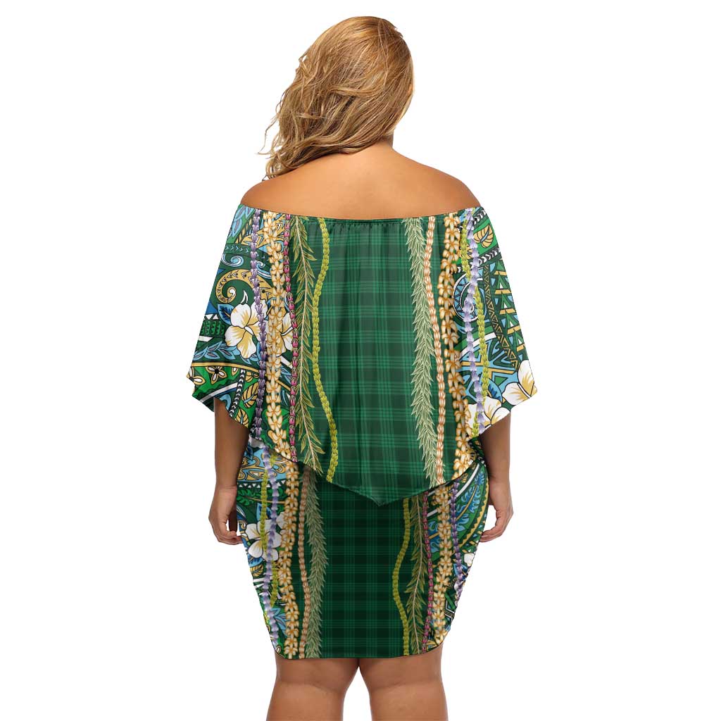 Hawaiian Art Flower Tribal with Lei Off Shoulder Short Dress Palaka Pattern Green Color - Polynesian Pride