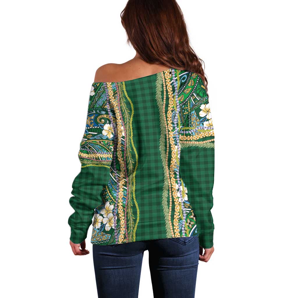 Hawaiian Art Flower Tribal with Lei Off Shoulder Sweater Palaka Pattern Green Color LT03 - Polynesian Pride