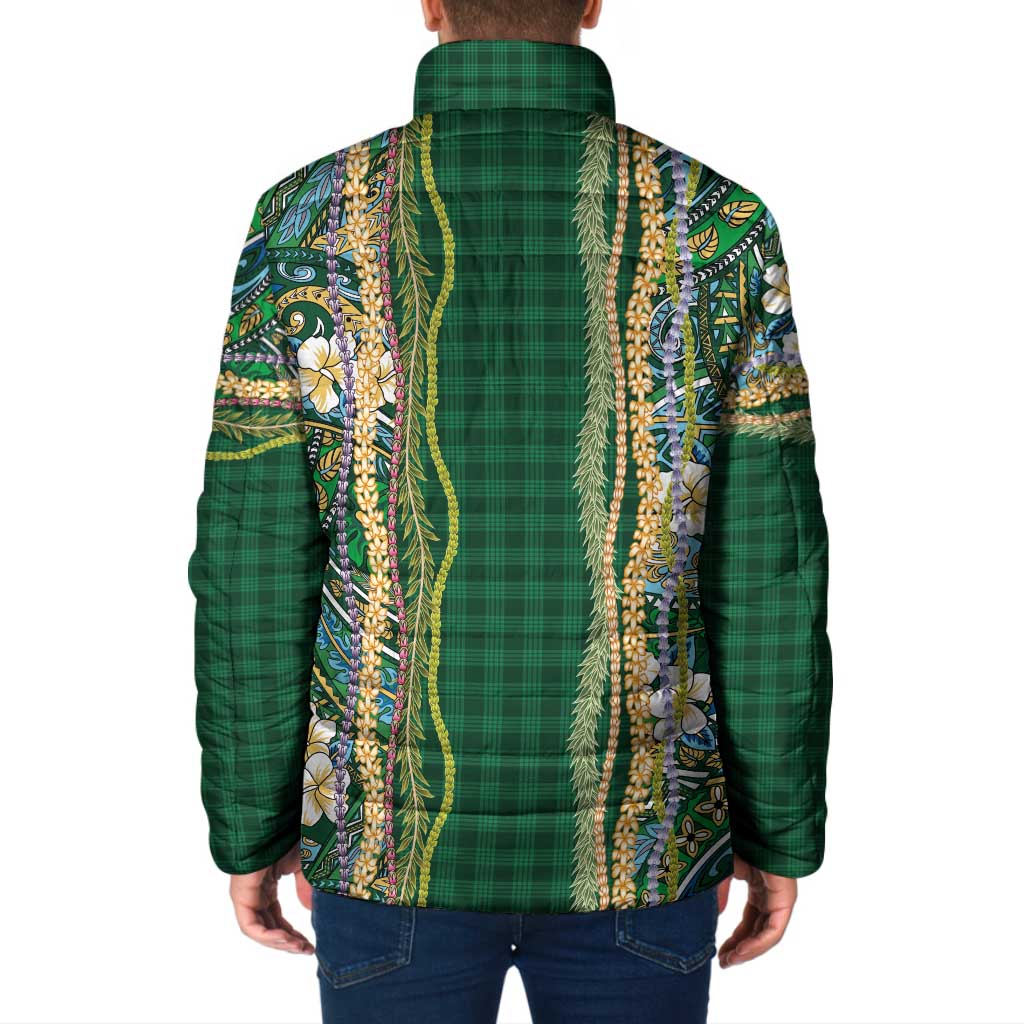 Hawaiian Art Flower Tribal with Lei Padded Jacket Palaka Pattern Green Color - Polynesian Pride