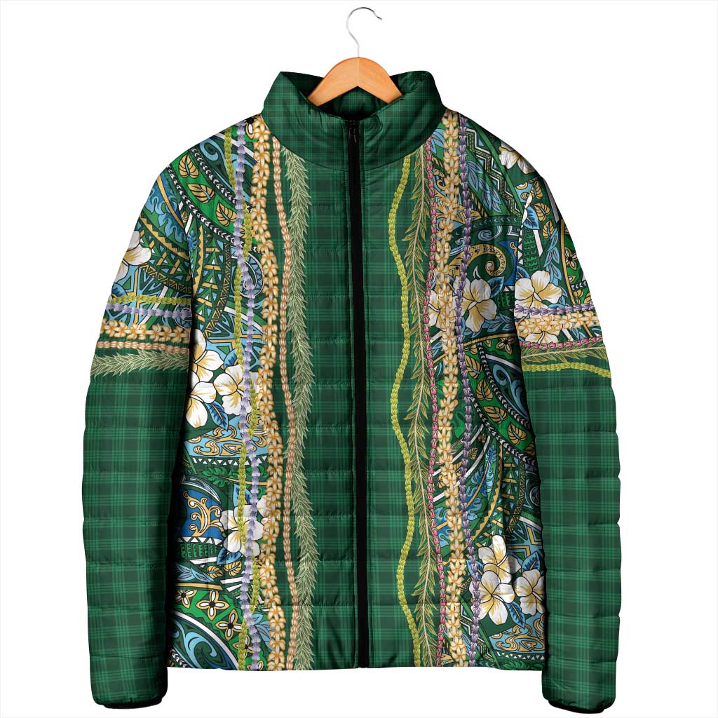 Hawaiian Art Flower Tribal with Lei Padded Jacket Palaka Pattern Green Color - Polynesian Pride
