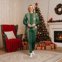Hawaiian Art Flower Tribal with Lei Christmas Pajama Set Palaka Pattern Green Color - Polynesian Pride