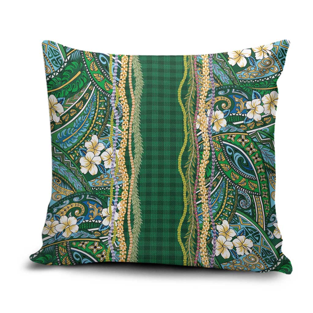 Hawaiian Art Flower Tribal with Lei Pillow Cover Palaka Pattern Green Color - Polynesian Pride