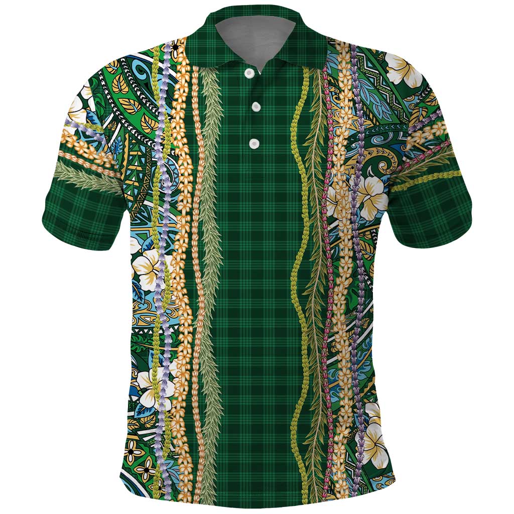 Hawaiian Art Flower Tribal with Lei Polo Shirt Palaka Pattern Green Color - Polynesian Pride