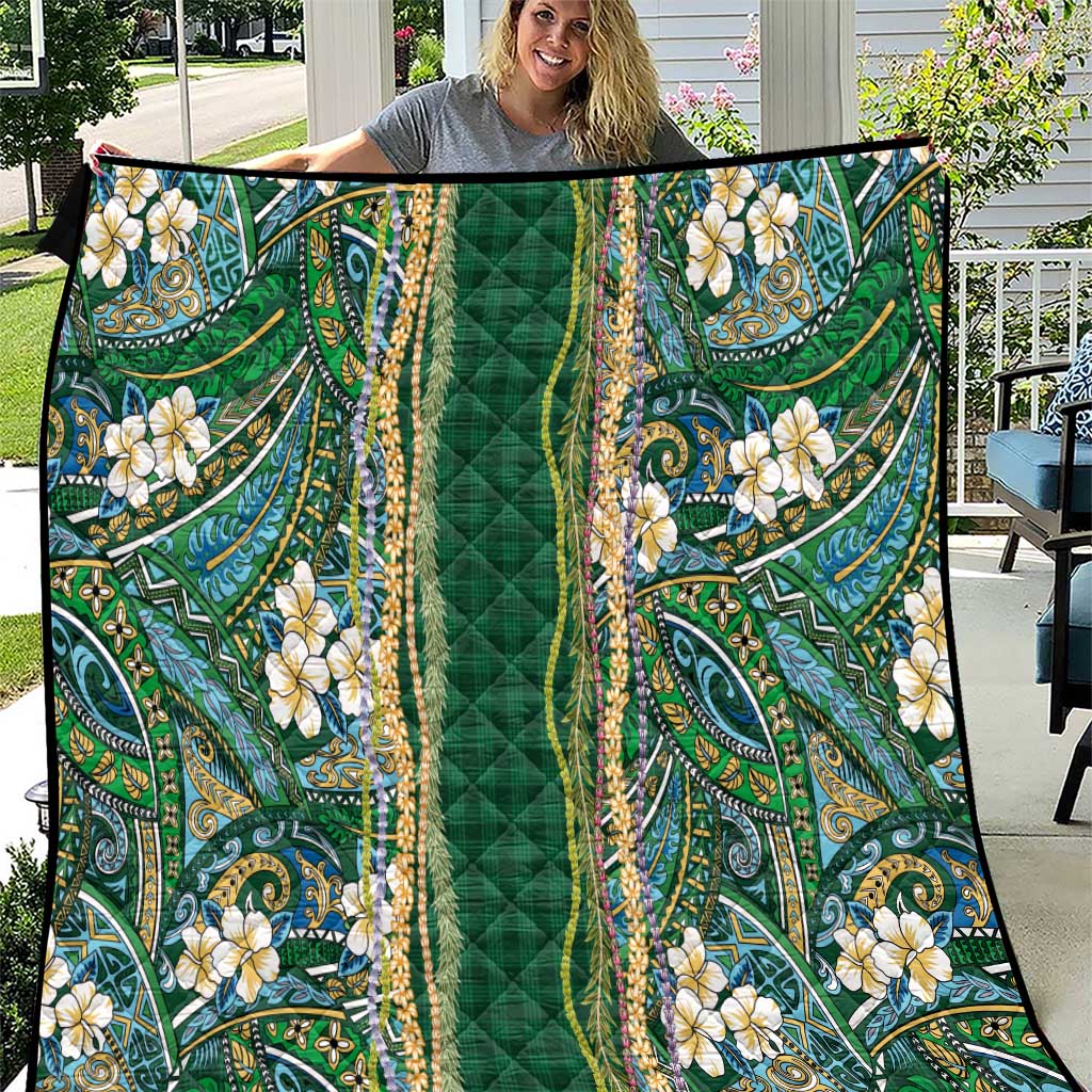 Hawaiian Art Flower Tribal with Lei Quilt Palaka Pattern Green Color LT03 Green - Polynesian Pride