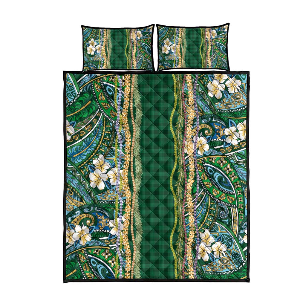 Hawaiian Art Flower Tribal with Lei Quilt Bed Set Palaka Pattern Green Color - Polynesian Pride