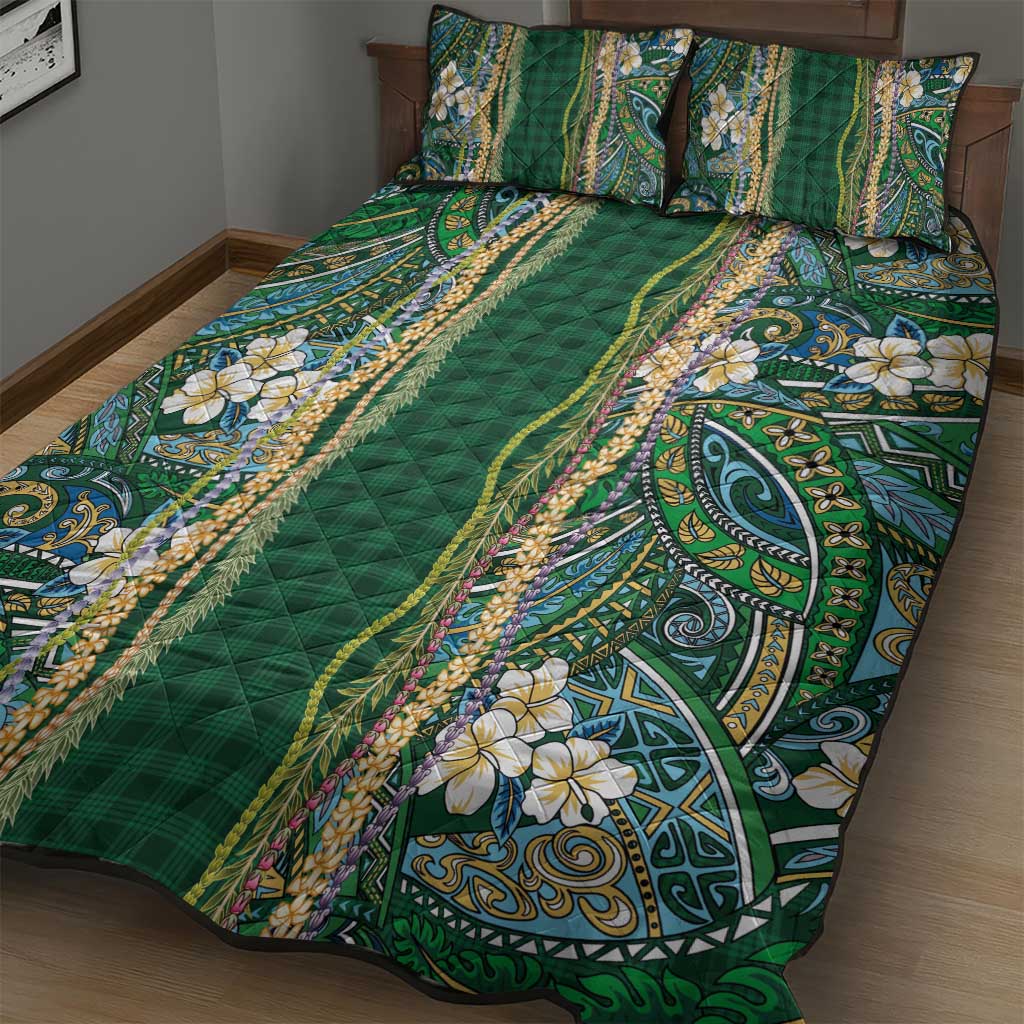 Hawaiian Art Flower Tribal with Lei Quilt Bed Set Palaka Pattern Green Color - Polynesian Pride