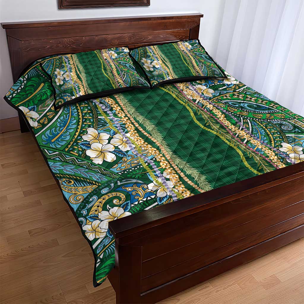 Hawaiian Art Flower Tribal with Lei Quilt Bed Set Palaka Pattern Green Color - Polynesian Pride