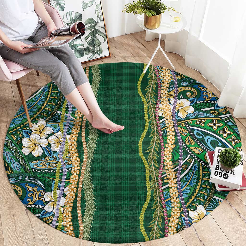 Hawaiian Art Flower Tribal with Lei Round Carpet Palaka Pattern Green Color - Polynesian Pride