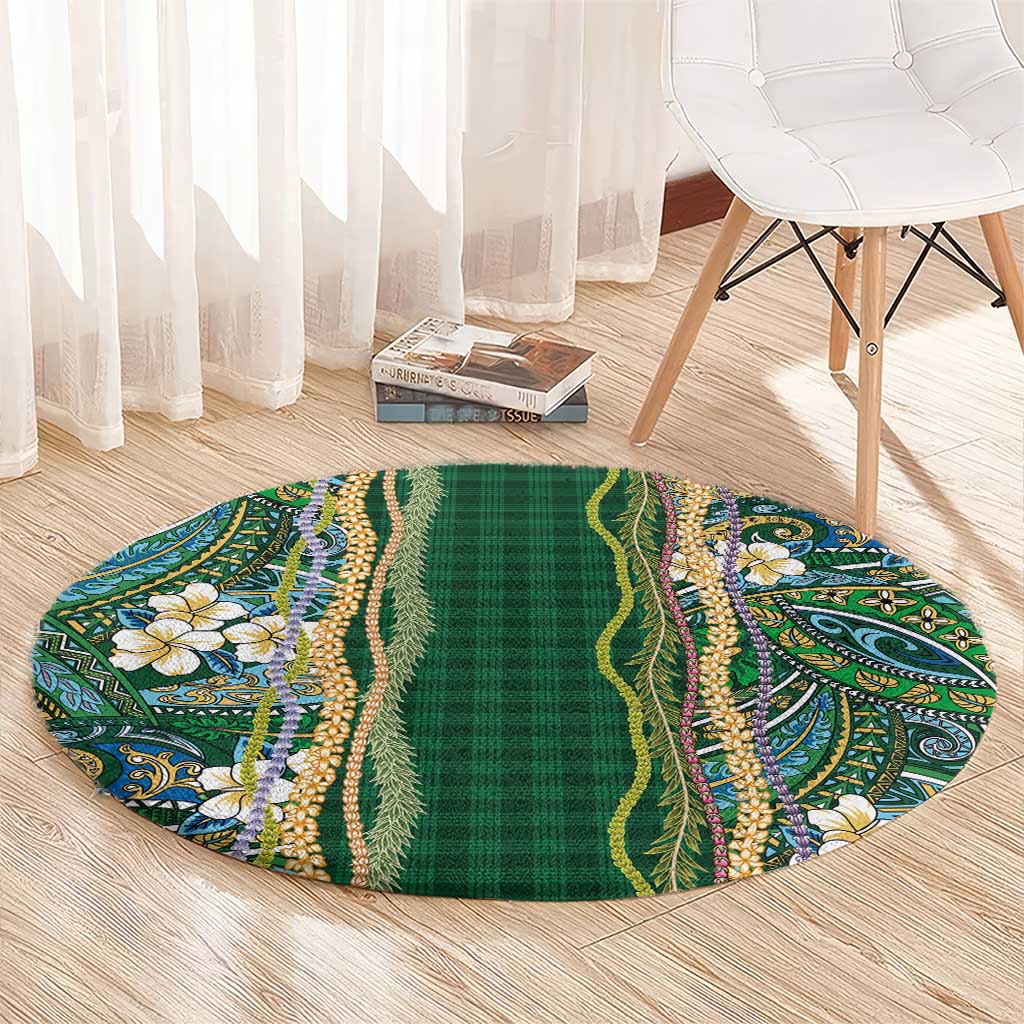 Hawaiian Art Flower Tribal with Lei Round Carpet Palaka Pattern Green Color - Polynesian Pride