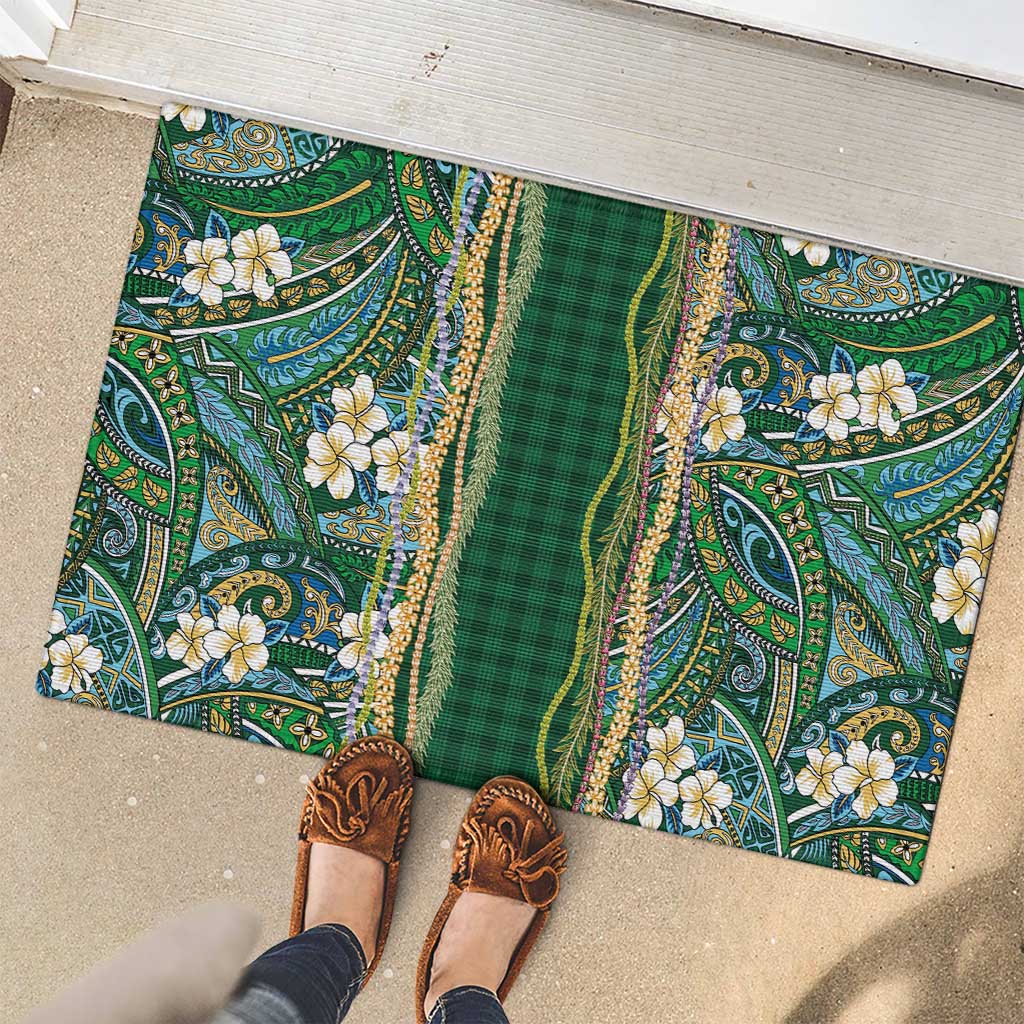 Hawaiian Art Flower Tribal with Lei Rubber Doormat Palaka Pattern Green Color - Polynesian Pride