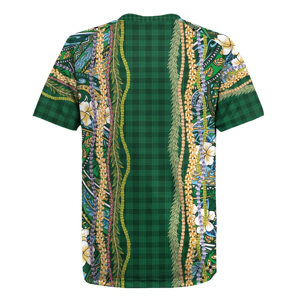 Hawaiian Art Flower Tribal with Lei Rugby Jersey Palaka Pattern Green Color - Polynesian Pride