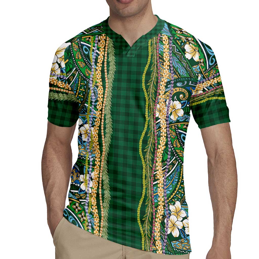 Hawaiian Art Flower Tribal with Lei Rugby Jersey Palaka Pattern Green Color - Polynesian Pride
