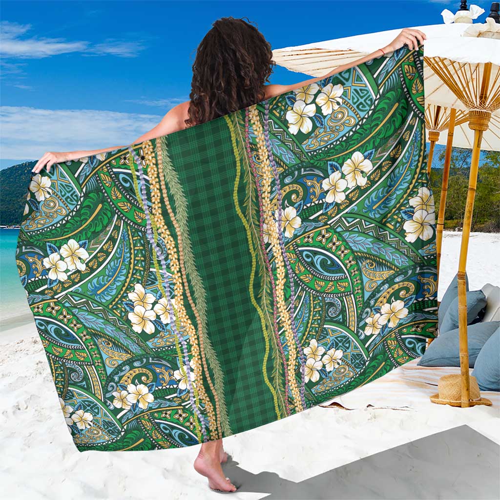 Hawaiian Art Flower Tribal with Lei Sarong Palaka Pattern Green Color LT03 One Size 44 x 66 inches Green - Polynesian Pride