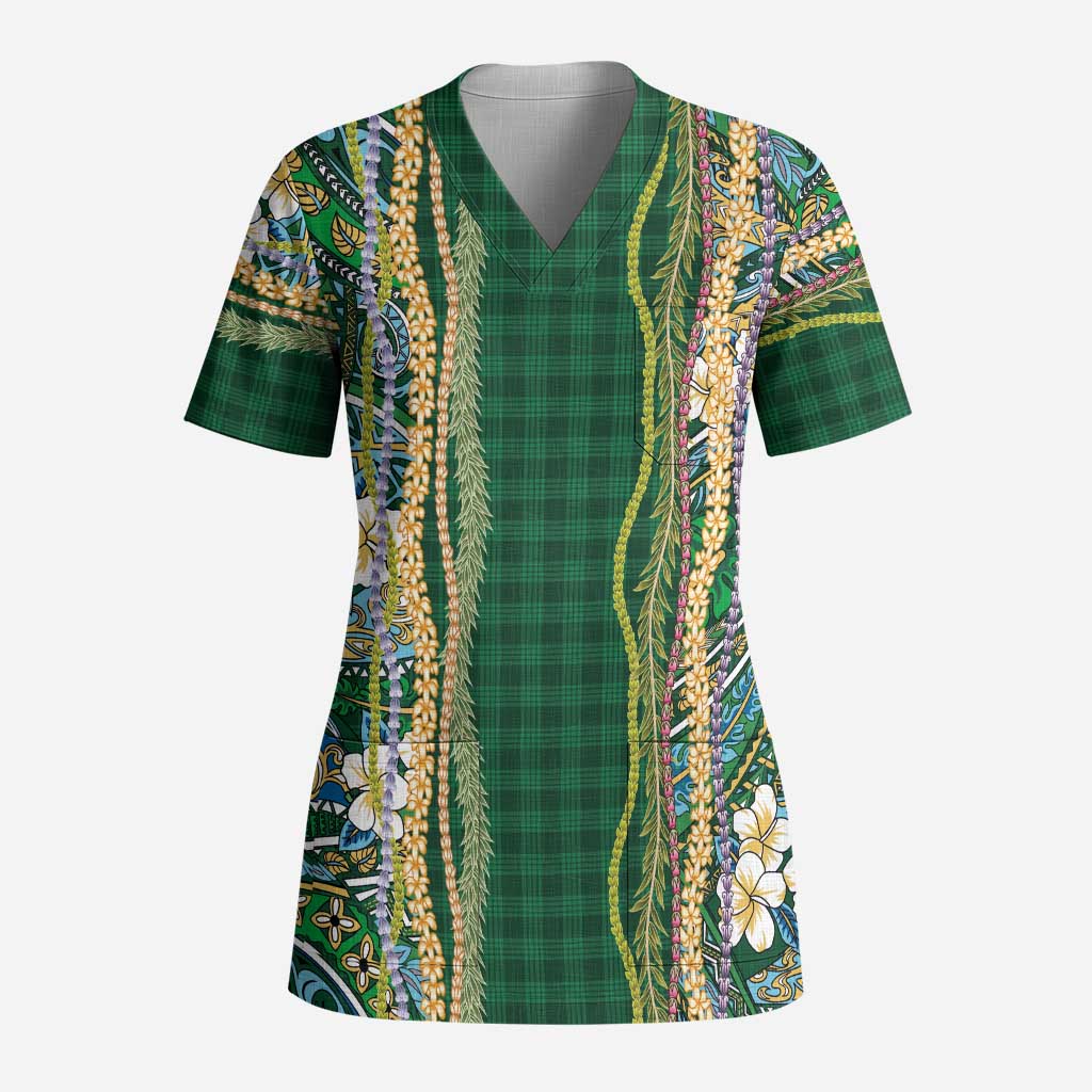 Hawaiian Art Flower Tribal with Lei Scrub Top Palaka Pattern Green Color LT03 Adult Green - Polynesian Pride