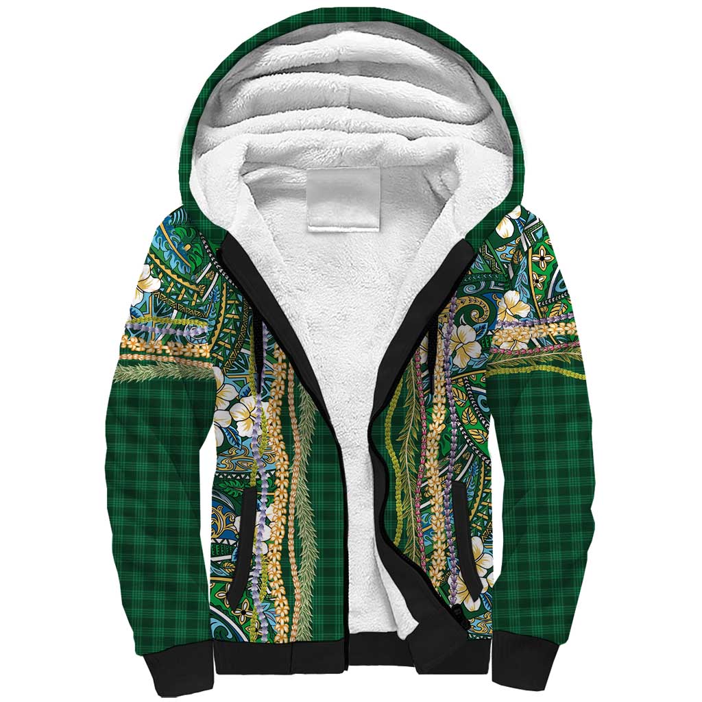 Hawaiian Art Flower Tribal with Lei Sherpa Hoodie Palaka Pattern Green Color LT03 Unisex Green - Polynesian Pride
