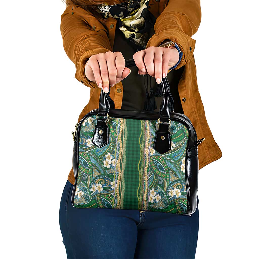 Hawaiian Art Flower Tribal with Lei Shoulder Handbag Palaka Pattern Green Color - Polynesian Pride