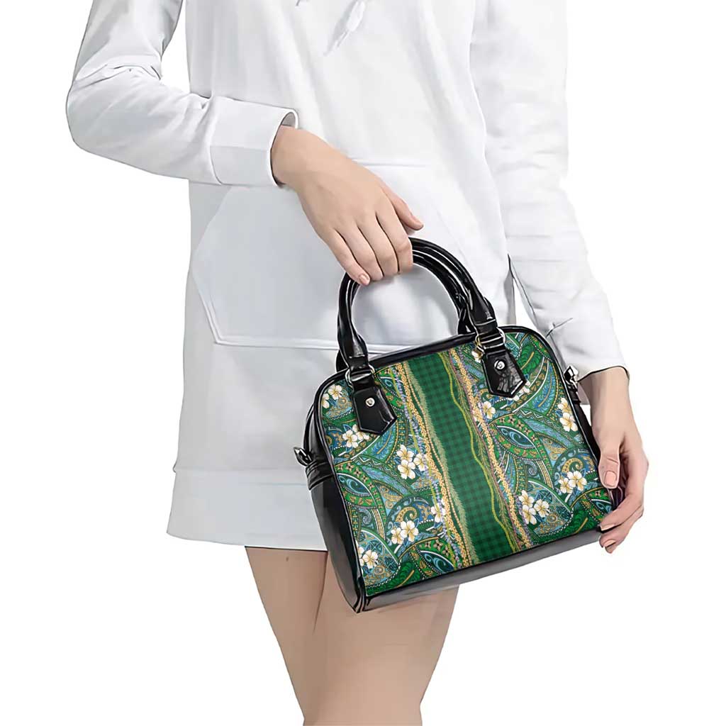 Hawaiian Art Flower Tribal with Lei Shoulder Handbag Palaka Pattern Green Color - Polynesian Pride