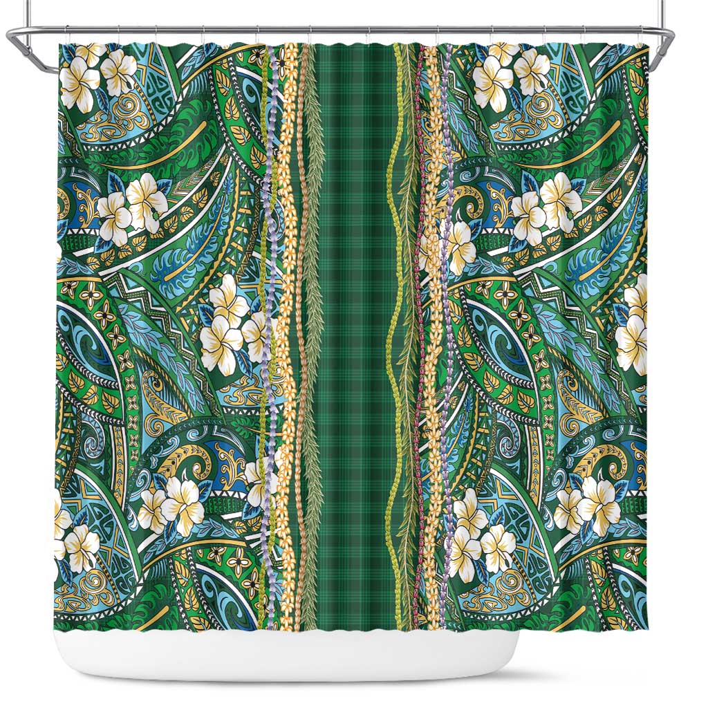 Hawaiian Art Flower Tribal with Lei Shower Curtain Palaka Pattern Green Color LT03 Green - Polynesian Pride