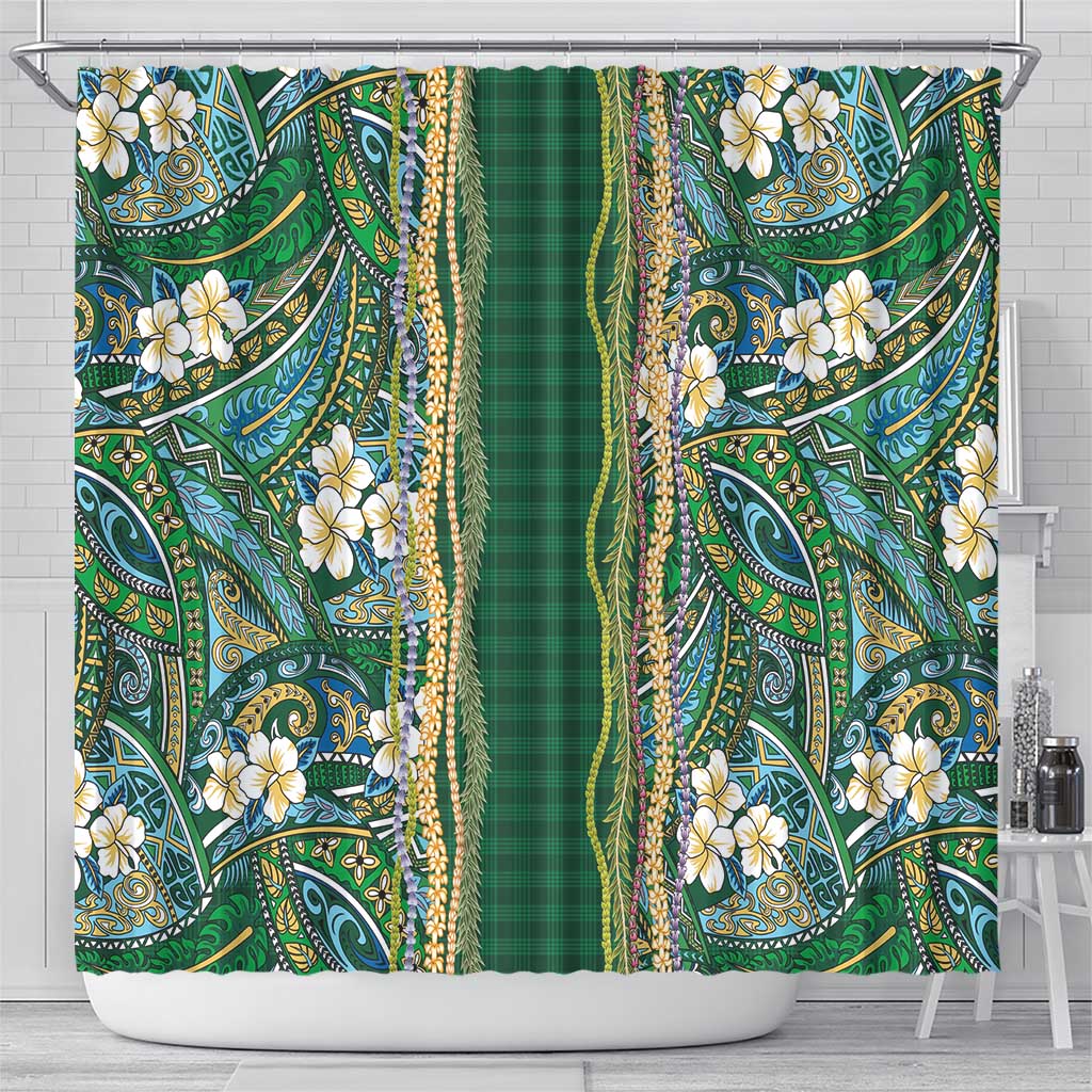 Hawaiian Art Flower Tribal with Lei Shower Curtain Palaka Pattern Green Color LT03 - Polynesian Pride