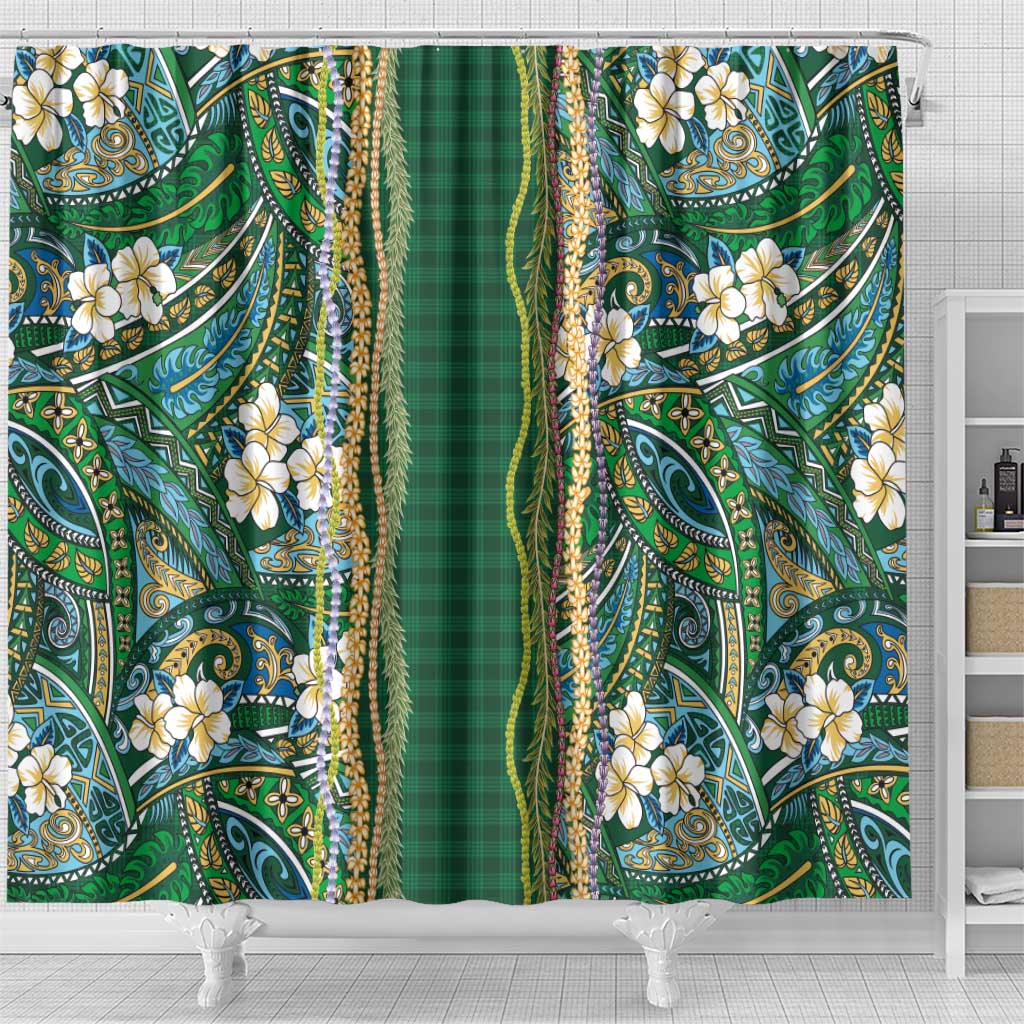 Hawaiian Art Flower Tribal with Lei Shower Curtain Palaka Pattern Green Color LT03 - Polynesian Pride