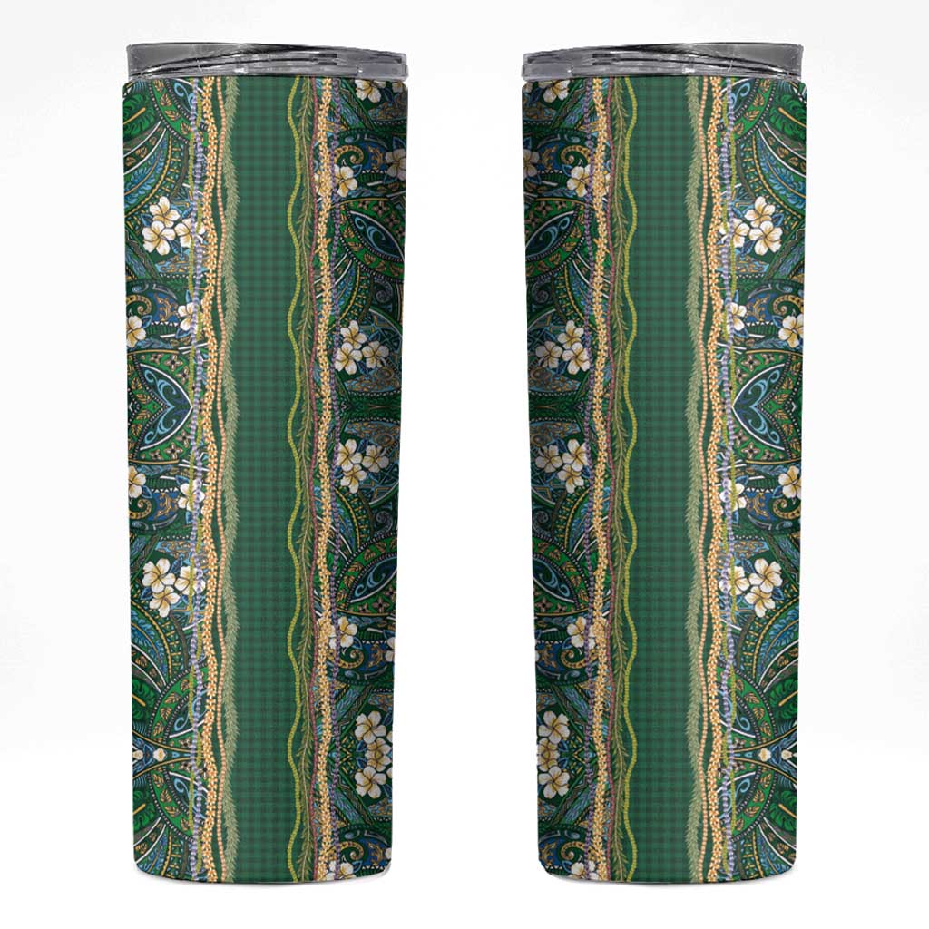 Hawaiian Art Flower Tribal with Lei Skinny Tumbler Palaka Pattern Green Color - Polynesian Pride