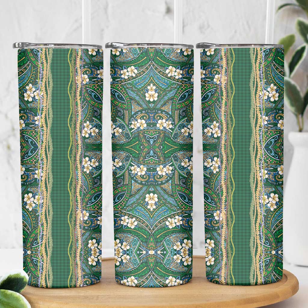 Hawaiian Art Flower Tribal with Lei Skinny Tumbler Palaka Pattern Green Color - Polynesian Pride