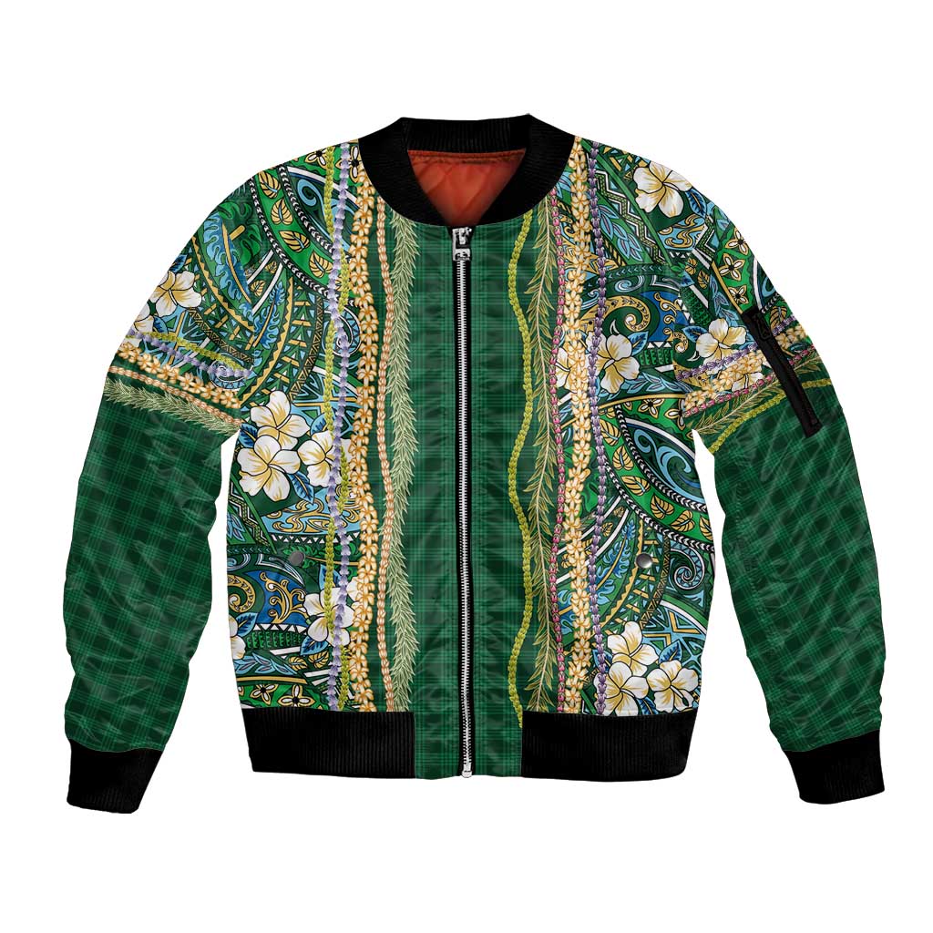 Hawaiian Art Flower Tribal with Lei Sleeve Zip Bomber Jacket Palaka Pattern Green Color LT03 Unisex Green - Polynesian Pride