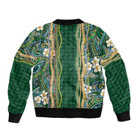 Hawaiian Art Flower Tribal with Lei Sleeve Zip Bomber Jacket Palaka Pattern Green Color - Polynesian Pride