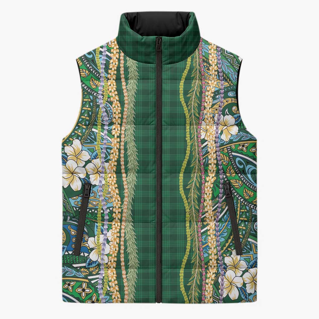 Hawaiian Art Flower Tribal with Lei Sleeveless Puffer Jacket Palaka Pattern Green Color - Polynesian Pride