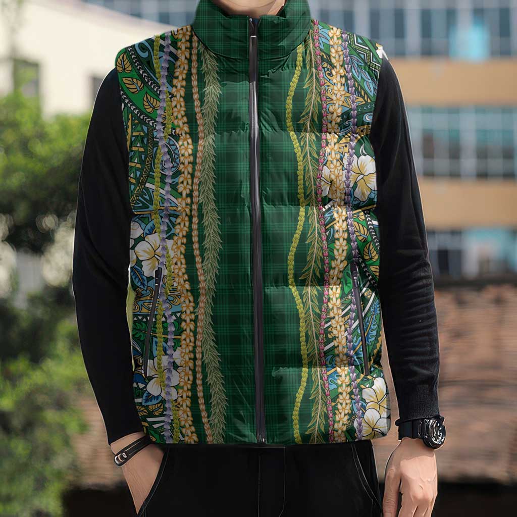 Hawaiian Art Flower Tribal with Lei Sleeveless Puffer Jacket Palaka Pattern Green Color - Polynesian Pride