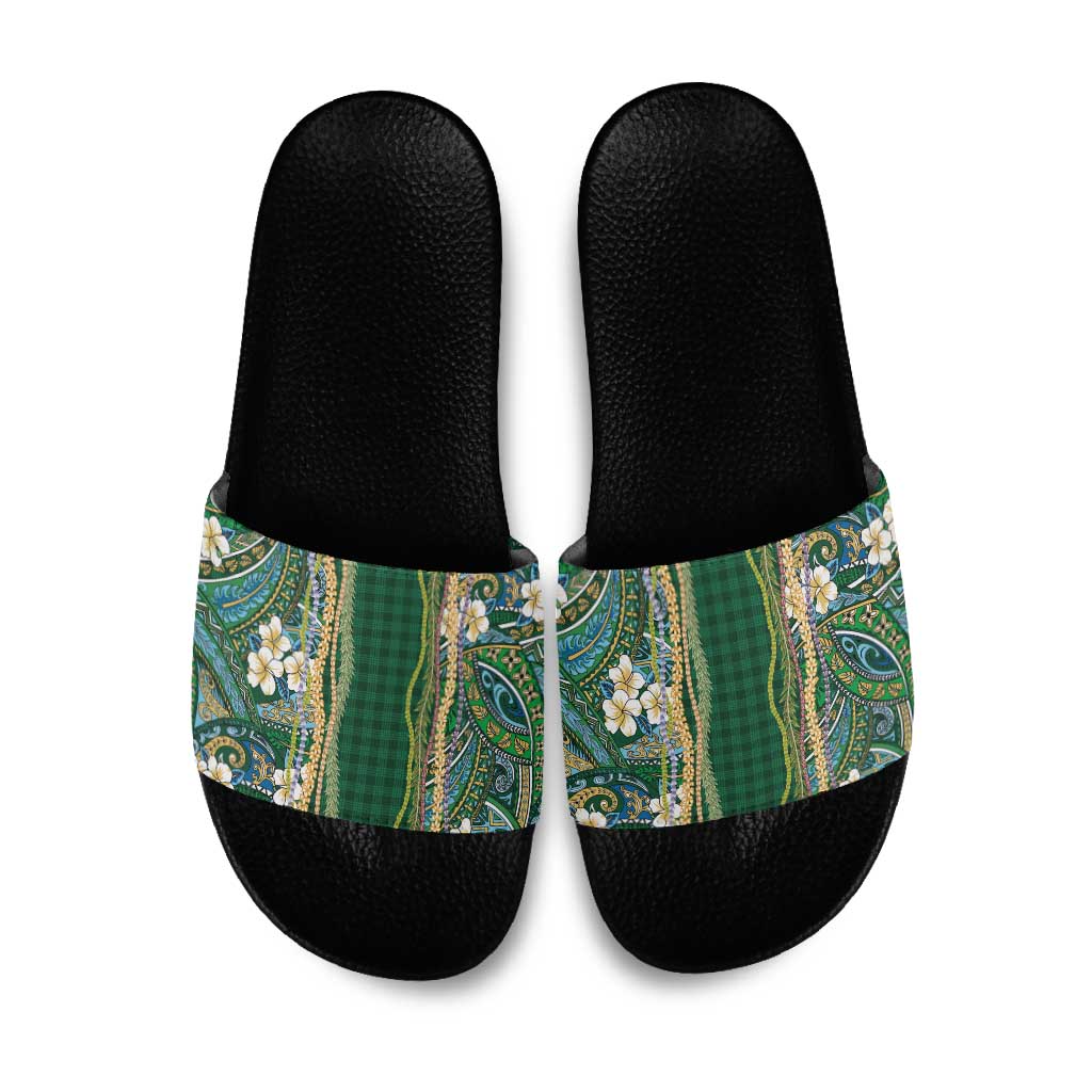 Hawaiian Art Flower Tribal with Lei Slide Sandals Palaka Pattern Green Color LT03 Green - Polynesian Pride