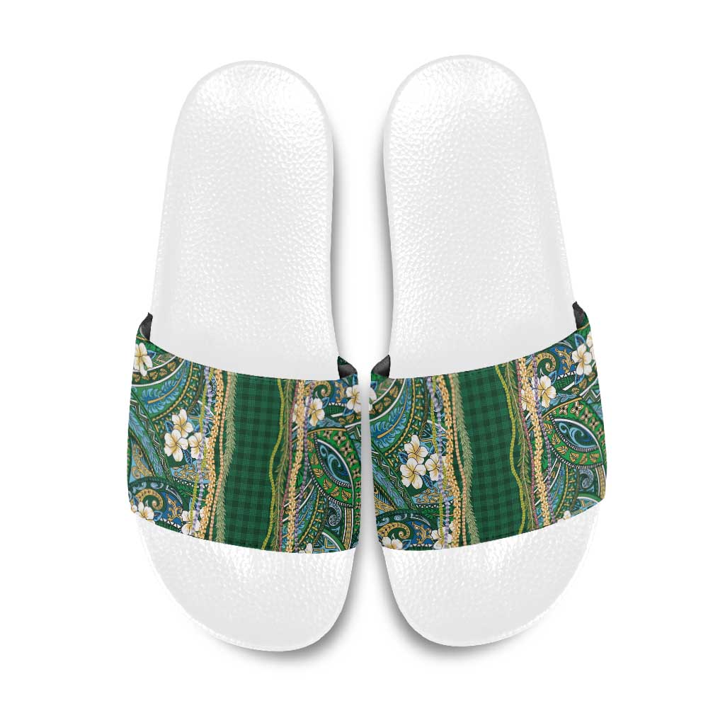 Hawaiian Art Flower Tribal with Lei Slide Sandals Palaka Pattern Green Color LT03 Green - Polynesian Pride
