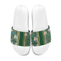 Hawaiian Art Flower Tribal with Lei Slide Sandals Palaka Pattern Green Color LT03 Green - Polynesian Pride