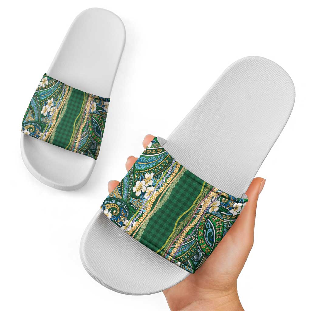 Hawaiian Art Flower Tribal with Lei Slide Sandals Palaka Pattern Green Color LT03 - Polynesian Pride