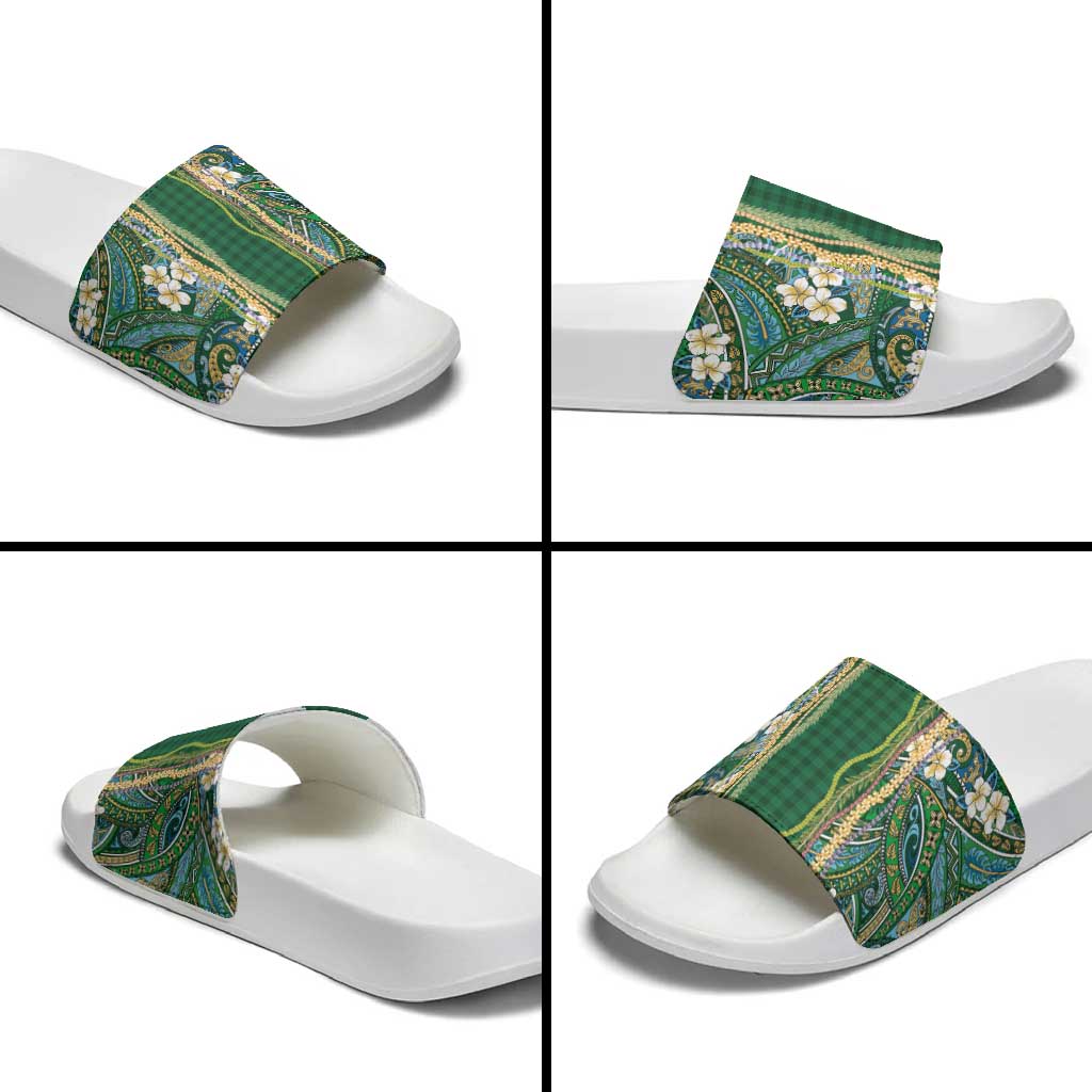 Hawaiian Art Flower Tribal with Lei Slide Sandals Palaka Pattern Green Color LT03 - Polynesian Pride