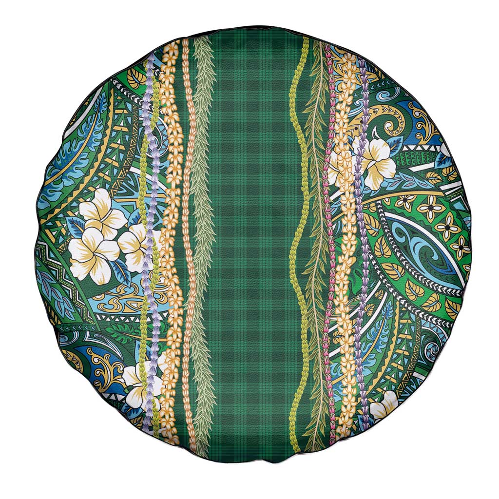 Hawaiian Art Flower Tribal with Lei Spare Tire Cover Palaka Pattern Green Color - Polynesian Pride