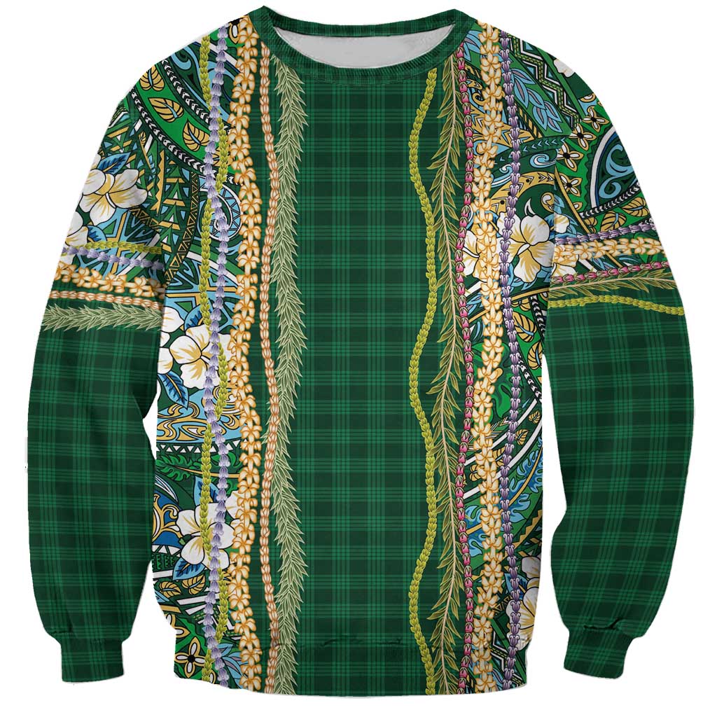 Hawaiian Art Flower Tribal with Lei Sweatshirt Palaka Pattern Green Color - Polynesian Pride