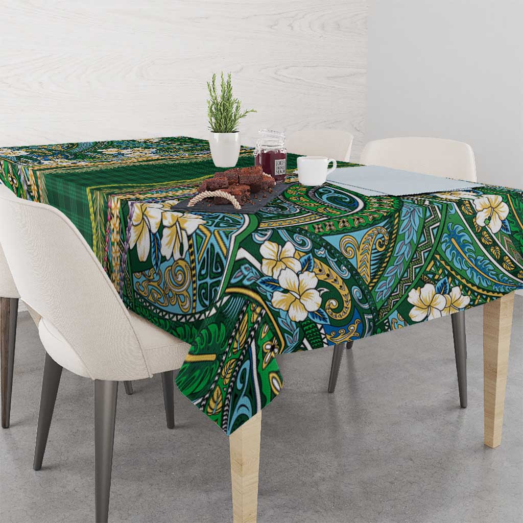 Hawaiian Art Flower Tribal with Lei Tablecloth Palaka Pattern Green Color - Polynesian Pride