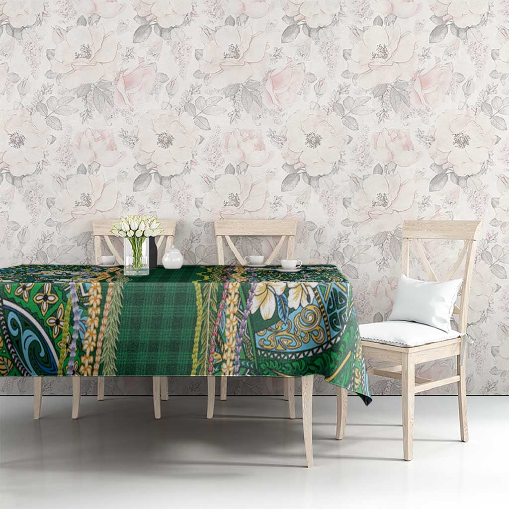 Hawaiian Art Flower Tribal with Lei Tablecloth Palaka Pattern Green Color - Polynesian Pride