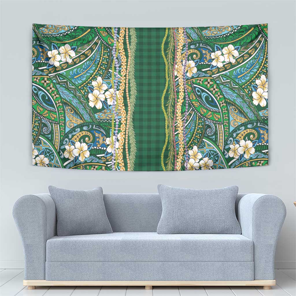 Hawaiian Art Flower Tribal with Lei Tapestry Palaka Pattern Green Color - Polynesian Pride