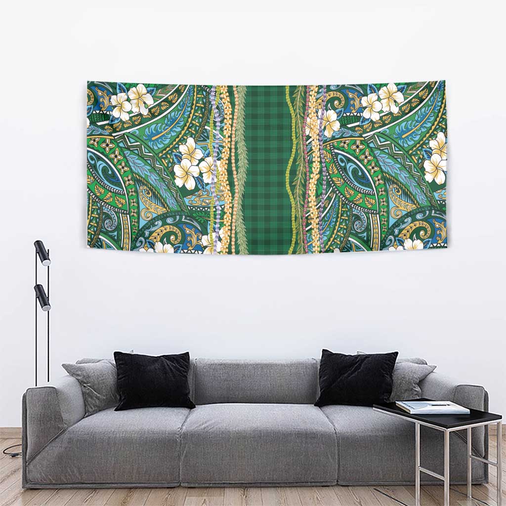 Hawaiian Art Flower Tribal with Lei Tapestry Palaka Pattern Green Color - Polynesian Pride