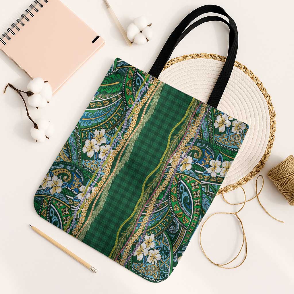Hawaiian Art Flower Tribal with Lei Tote Bag Palaka Pattern Green Color LT03 Black Strap One Size Green - Polynesian Pride