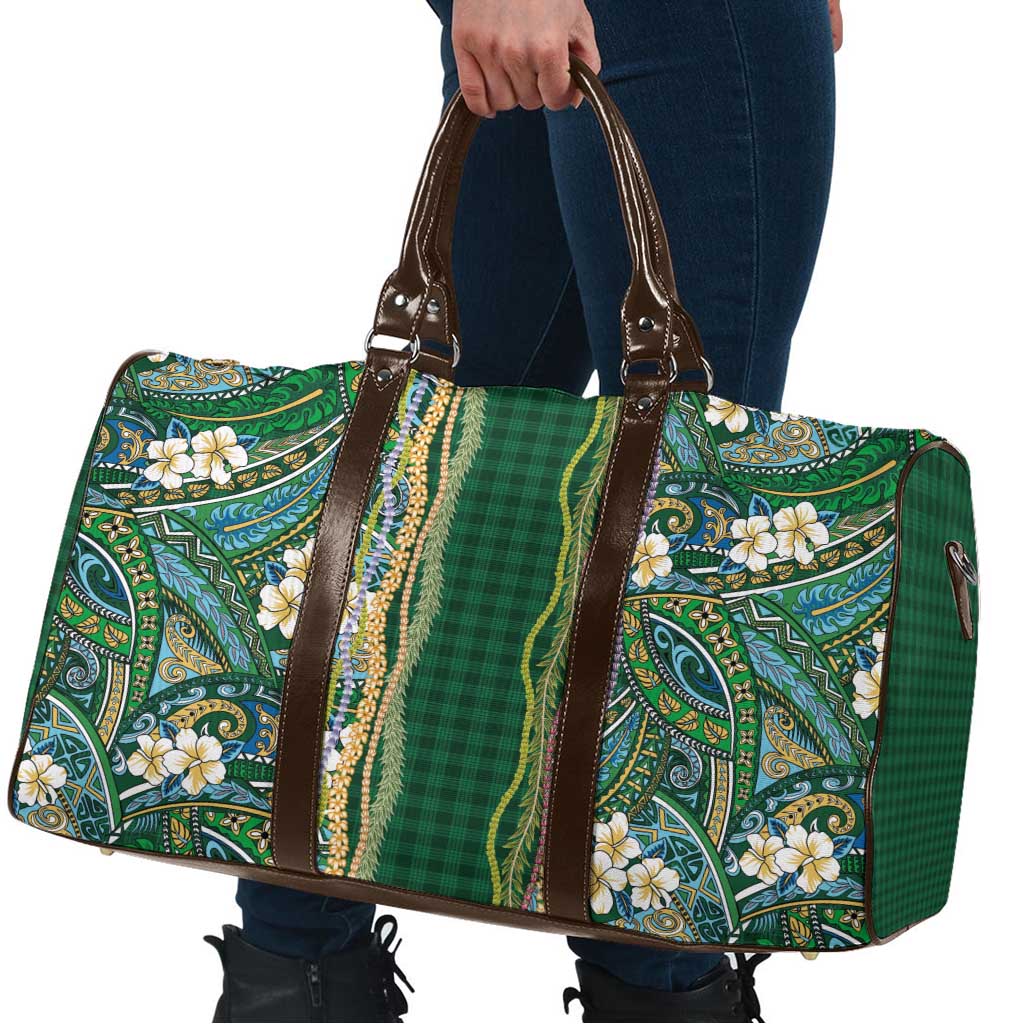 Hawaiian Art Flower Tribal with Lei Travel Bag Palaka Pattern Green Color - Polynesian Pride