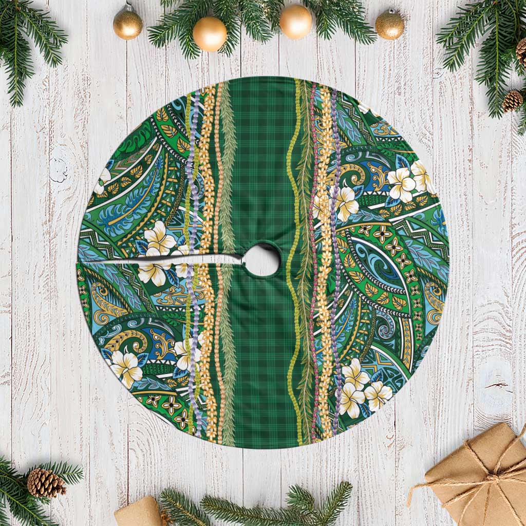 Hawaiian Art Flower Tribal with Lei Tree Skirt Palaka Pattern Green Color - Polynesian Pride