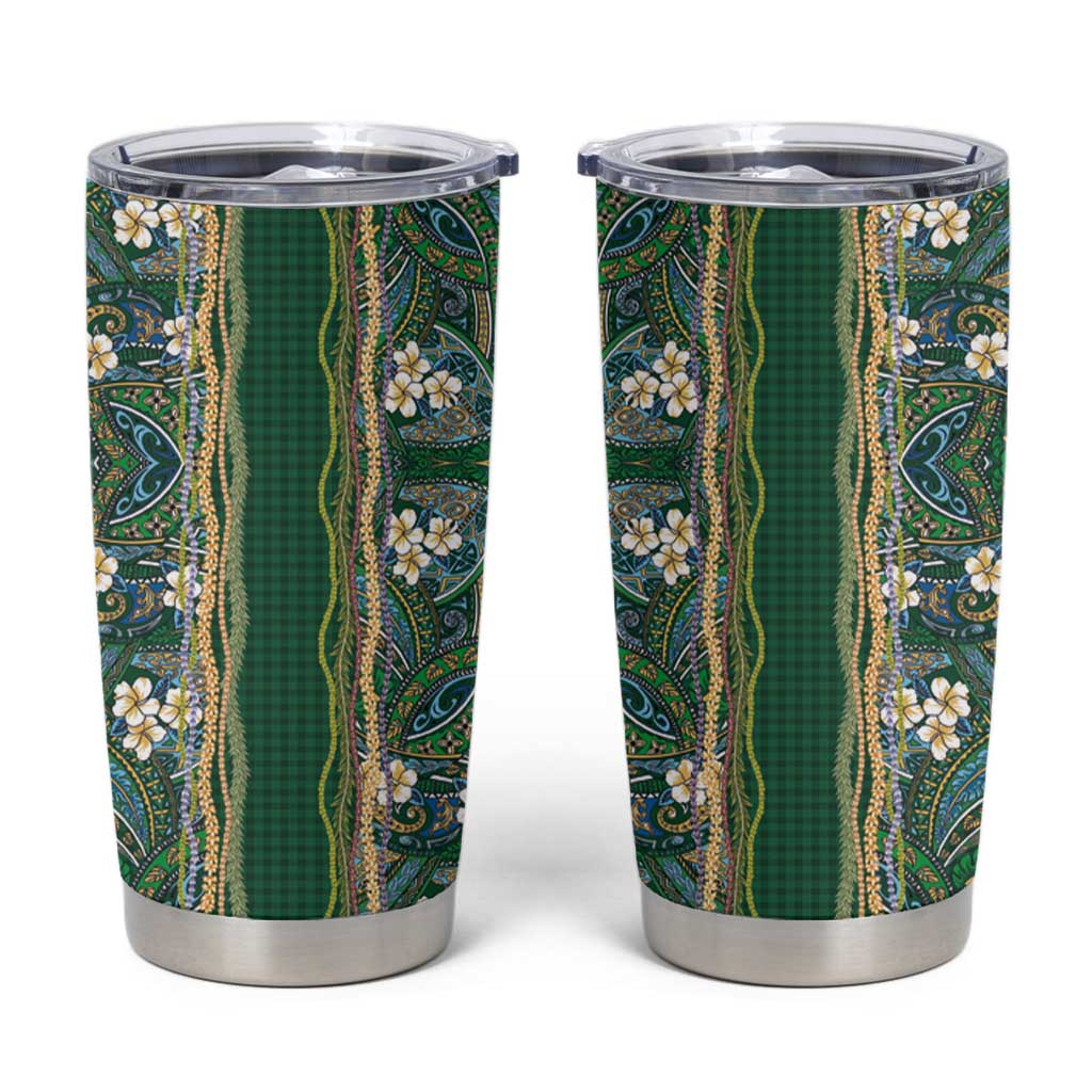 Hawaiian Art Flower Tribal with Lei Tumbler Cup Palaka Pattern Green Color LT03 Green - Polynesian Pride
