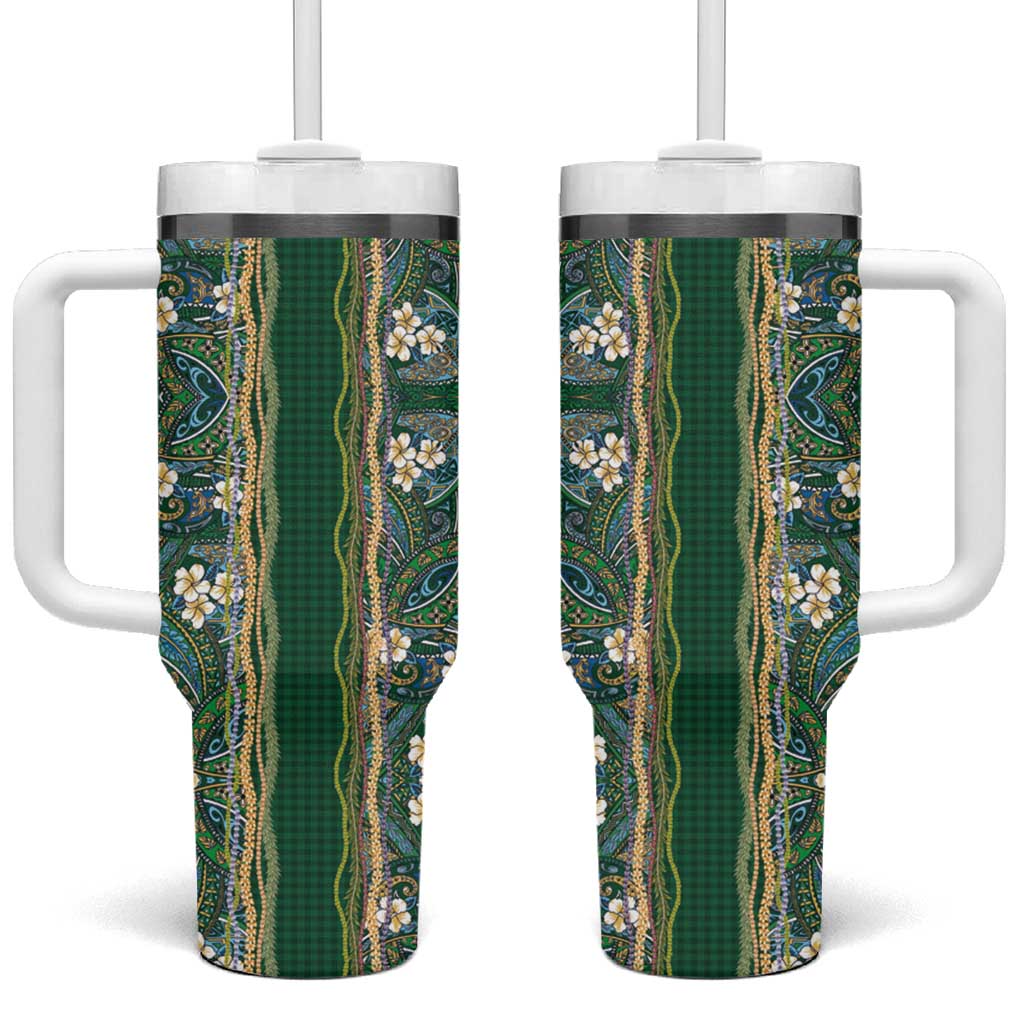 Hawaiian Art Flower Tribal with Lei Tumbler With Handle Palaka Pattern Green Color - Polynesian Pride