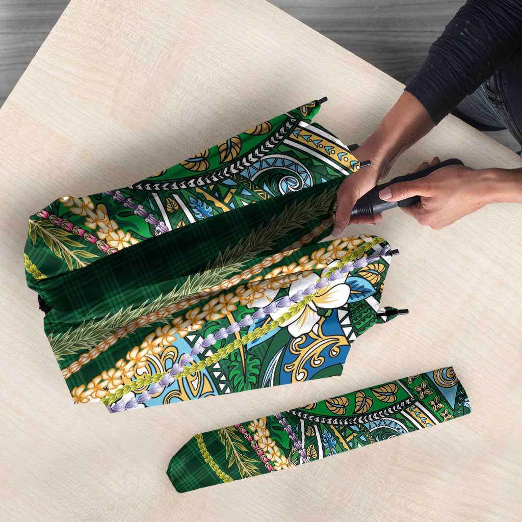Hawaiian Art Flower Tribal with Lei Umbrella Palaka Pattern Green Color - Polynesian Pride