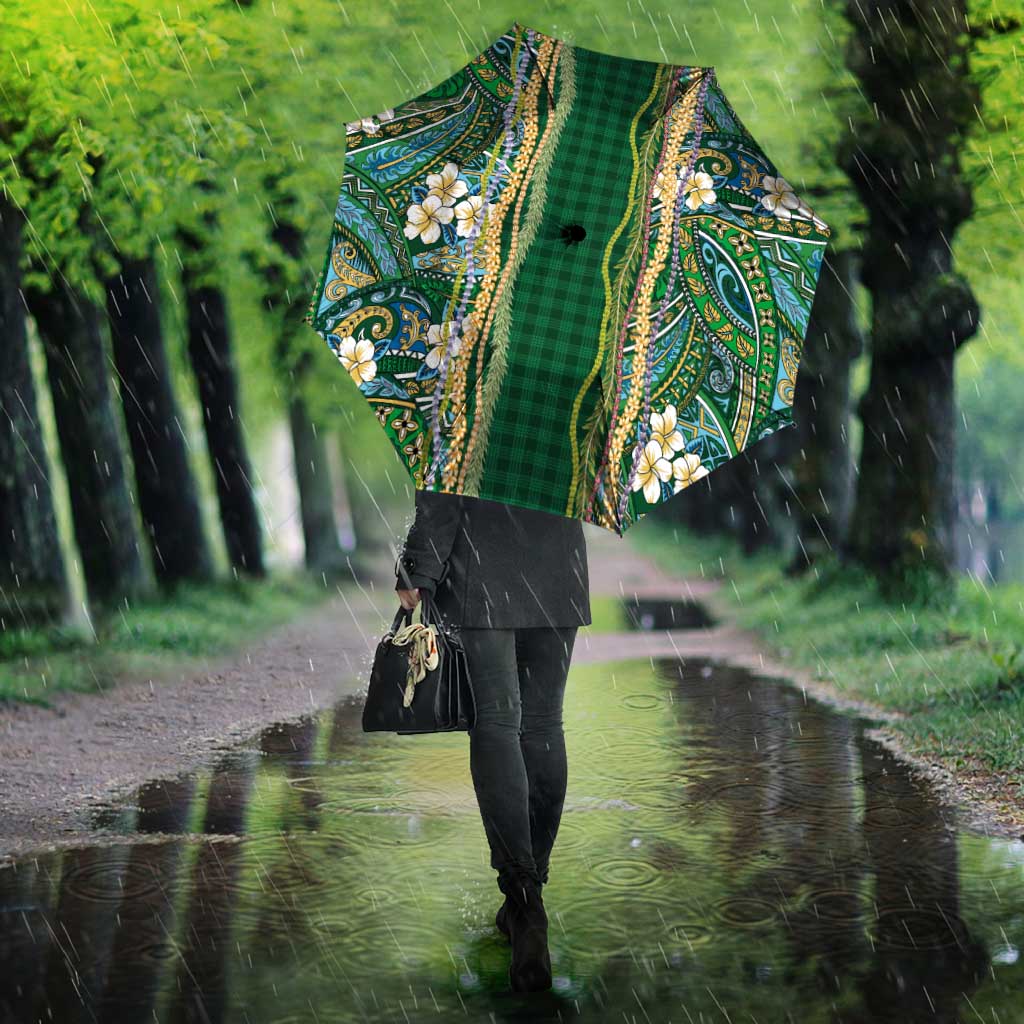 Hawaiian Art Flower Tribal with Lei Umbrella Palaka Pattern Green Color - Polynesian Pride