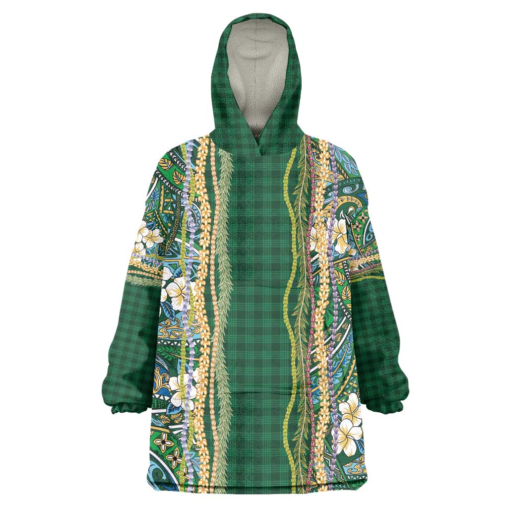 Hawaiian Art Flower Tribal with Lei Wearable Blanket Hoodie Palaka Pattern Green Color - Polynesian Pride